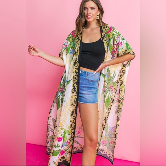 Boho Floral Long Kimono | Tropical Maxi Duster Jacket | Cream Beach Cover-Up - Picture 2 of 5